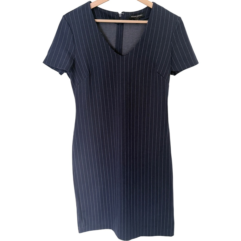 Banana Republic Navy Blue Pinstripe Short Sleeve V-Neck Sheath Dress Size 4